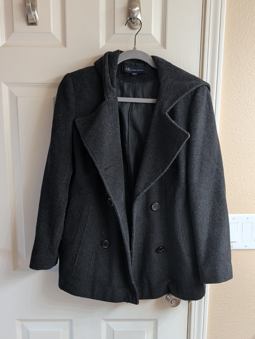 Anne Klein Charcoal Black Double-Breasted Pea Coat With Hood